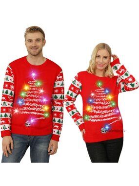 Ugly Christmas Sweater Light Up LED Reindeer Pullover Crew Neck Loose Fit